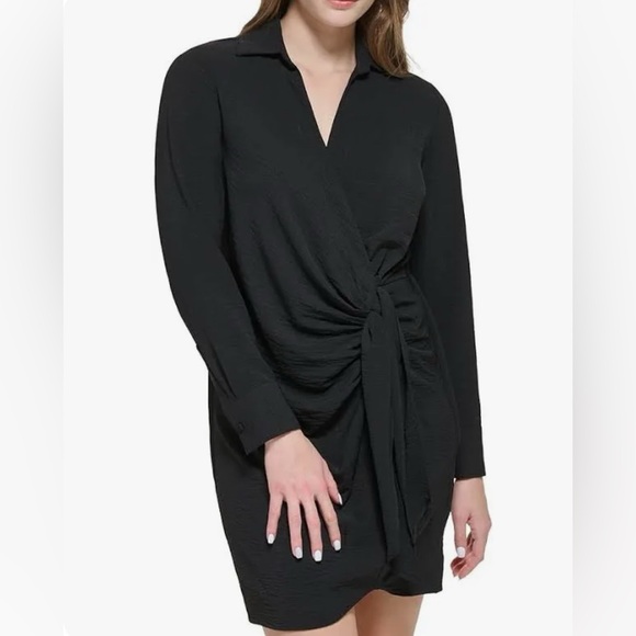 Calvin Klein Women’s Textured Tie Front Mini Wrap Dress Black Size M - Picture 1 of 5
